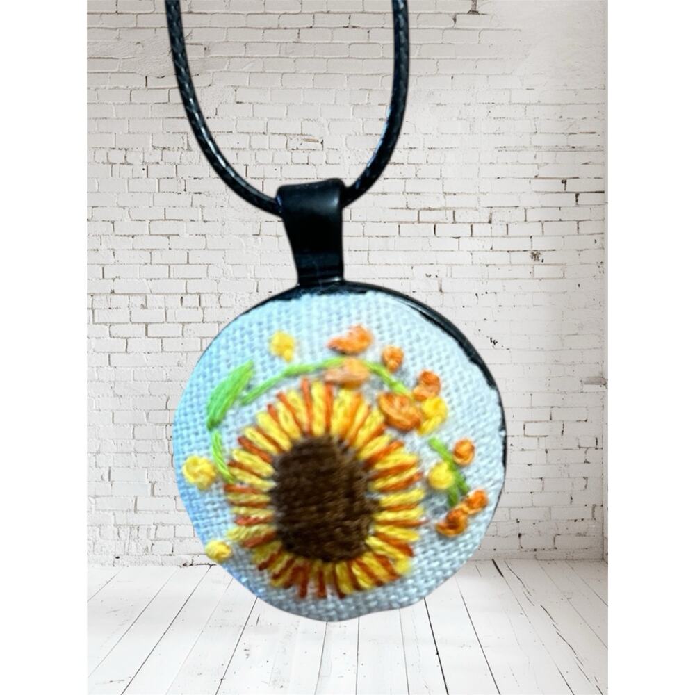 Sunflower Embroidery Charm Necklace ~  1" Handmade Pendant